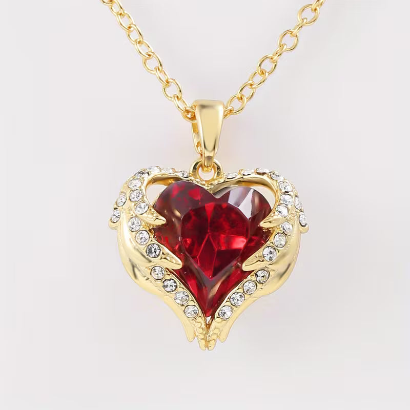 Angel Embrace Ruby Heart Necklace | Gold-Tone