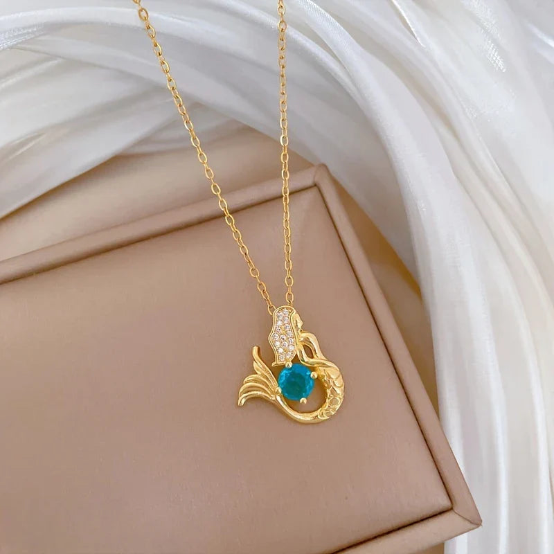 Marine Mermaid Necklace with Blue Clear Crystal