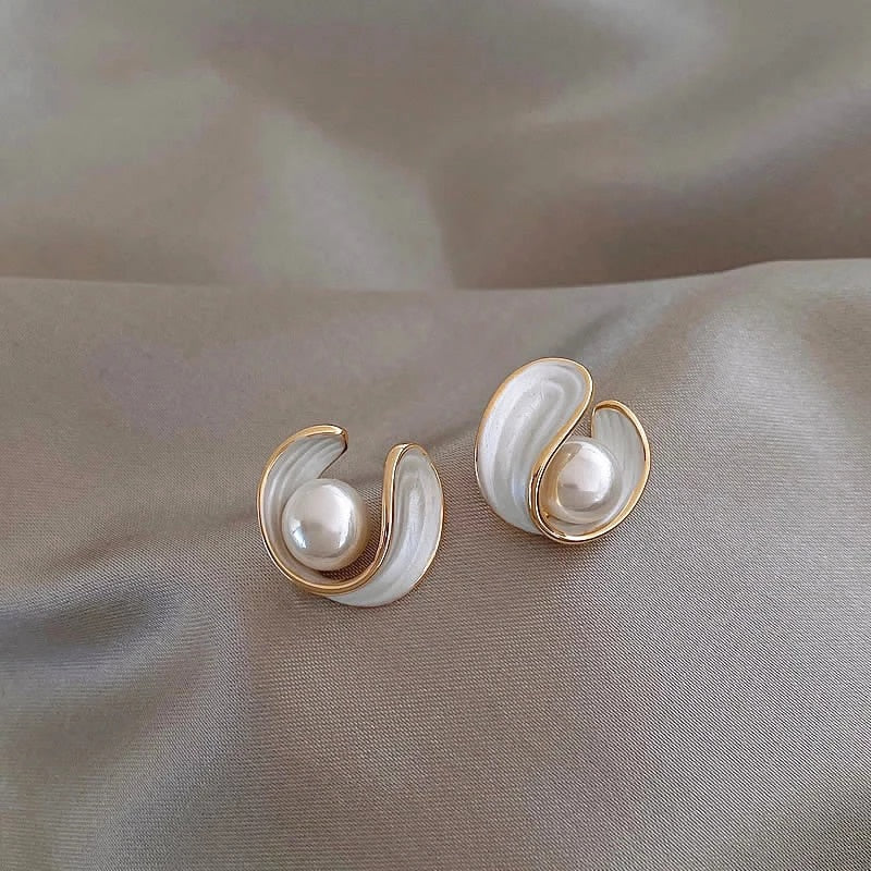 Elegant Gold-Tone White Opal Earrings with Pearl
