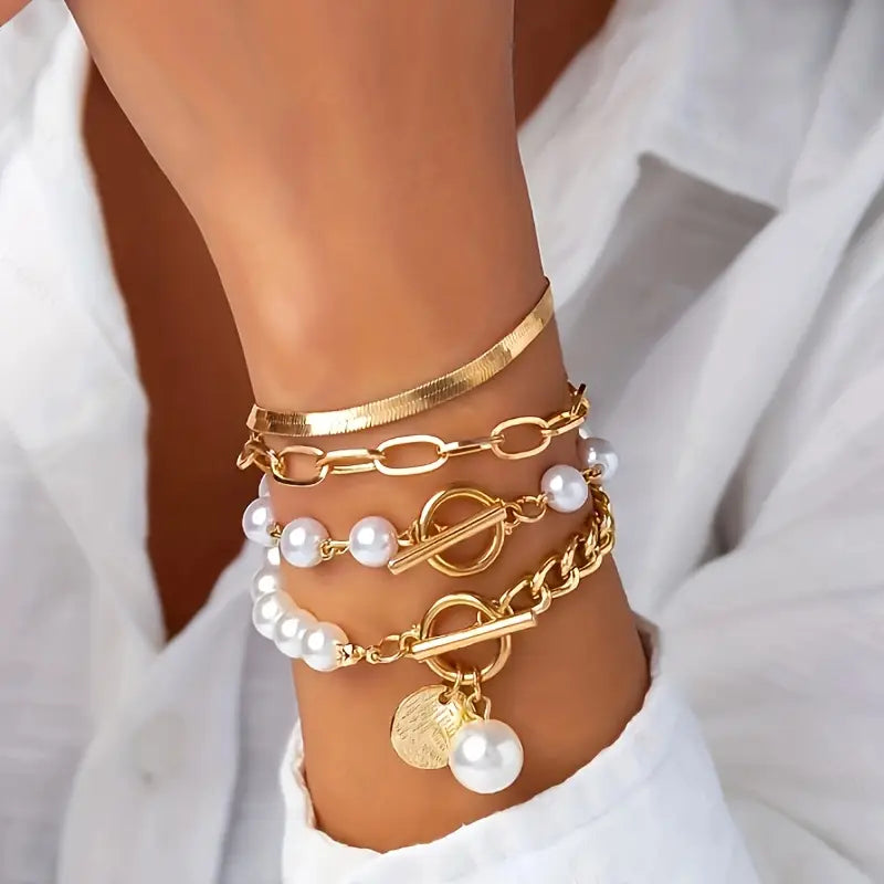 Chic Gold-Tone 4-Piece Bracelet Set - Serpent, Pearls and Links | Gold-Tone