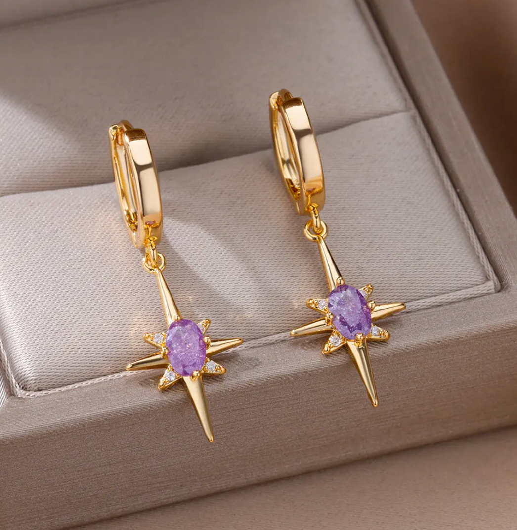 Gold-Plated Hoop Earrings with Amethyst North Star Pendants
