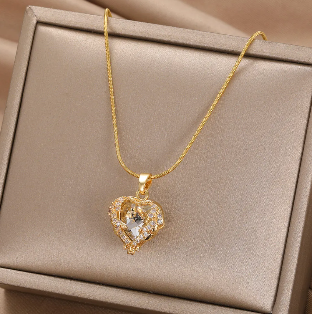 Gold-Plated Necklace with White Heart and Crystal Accents