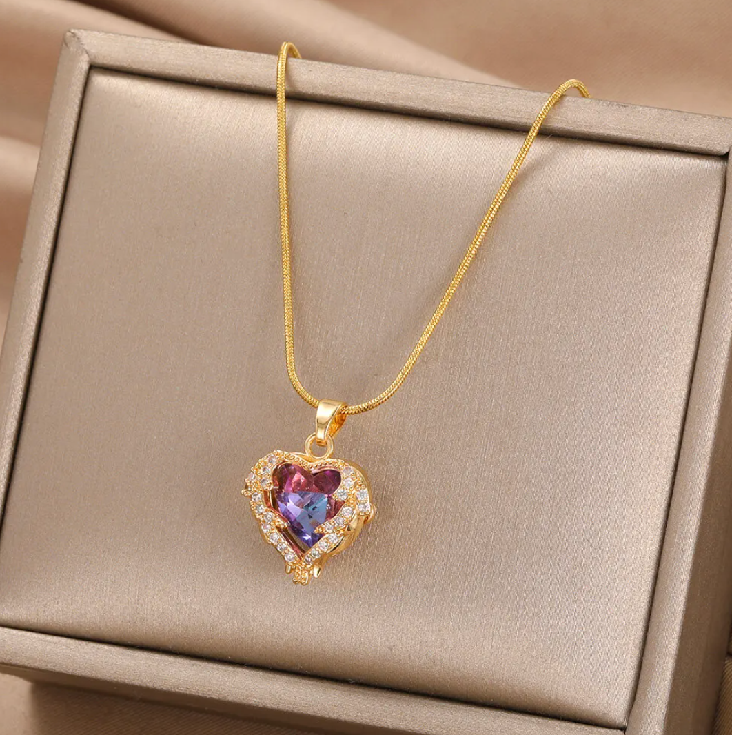 Gold-Tone Necklace with Purple Heart and Crystal Accents