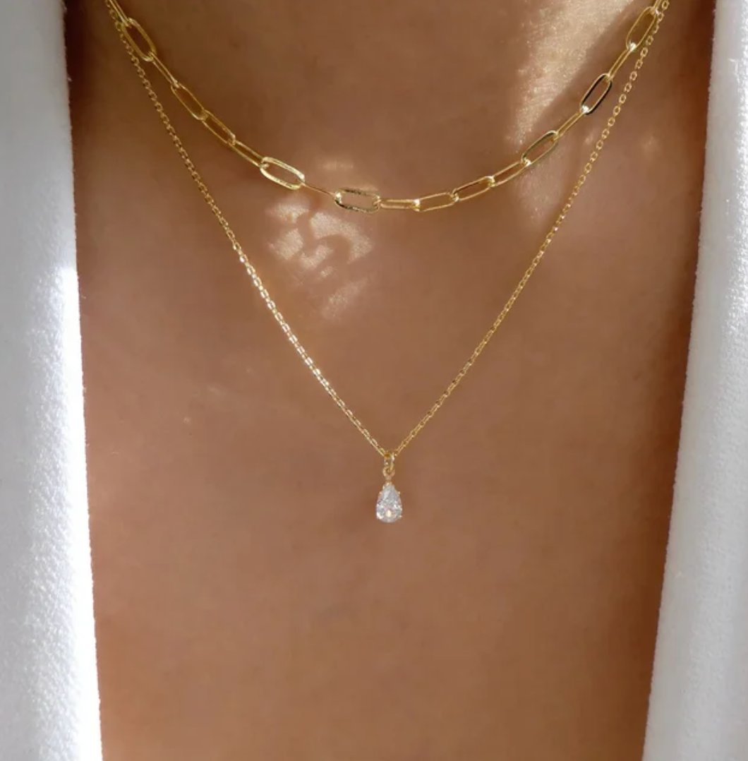 Double Gold-Tone Necklace with Chain and Crystal Accents