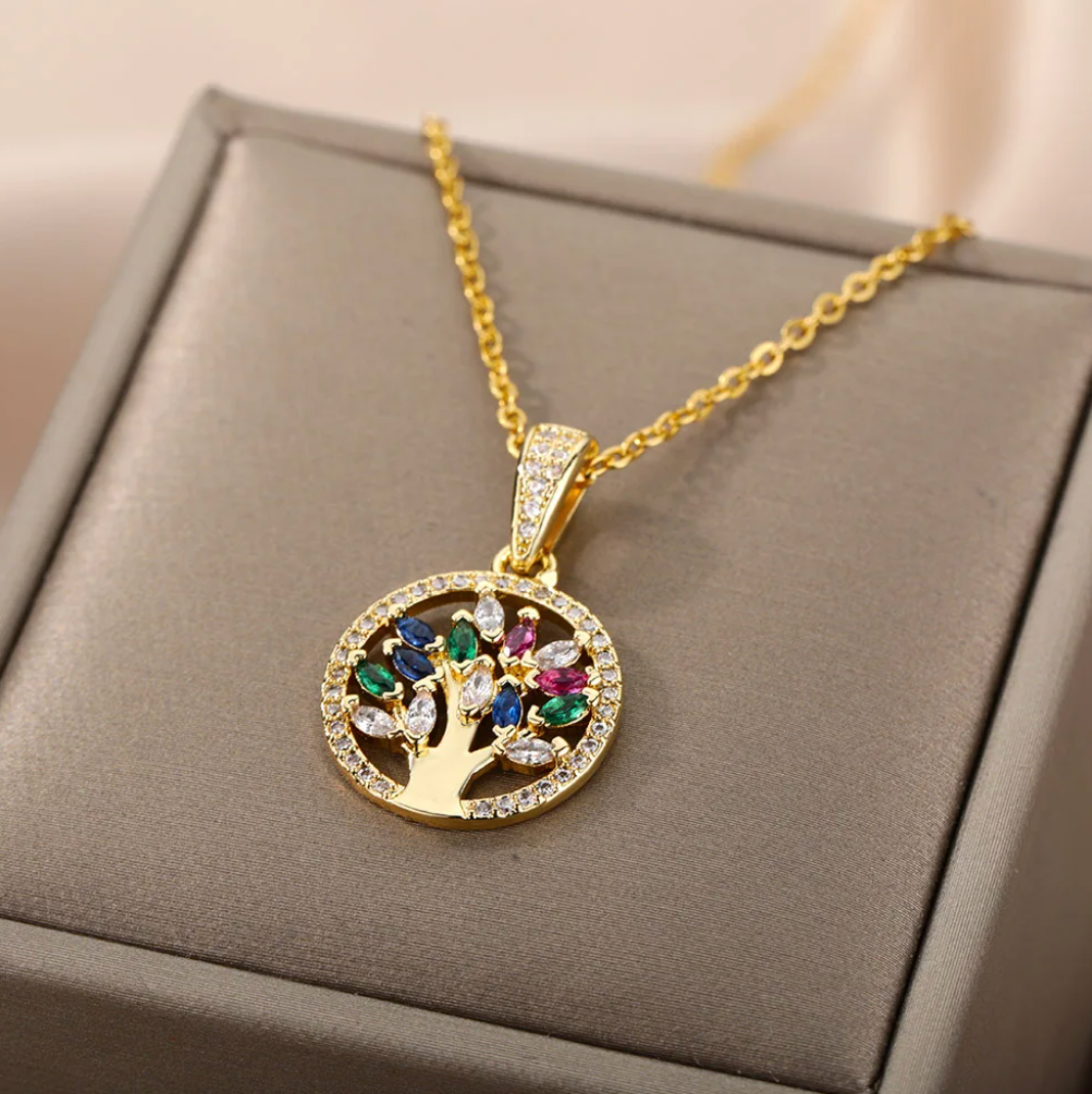 Gold-Tone Necklace with Tree of Life and Colored Zirconia Accents