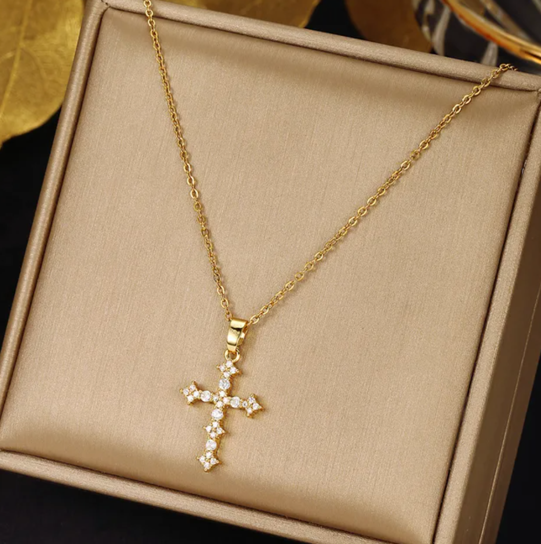 Gold-Tone Necklace with Small Clear Crystal-Shaped Cross