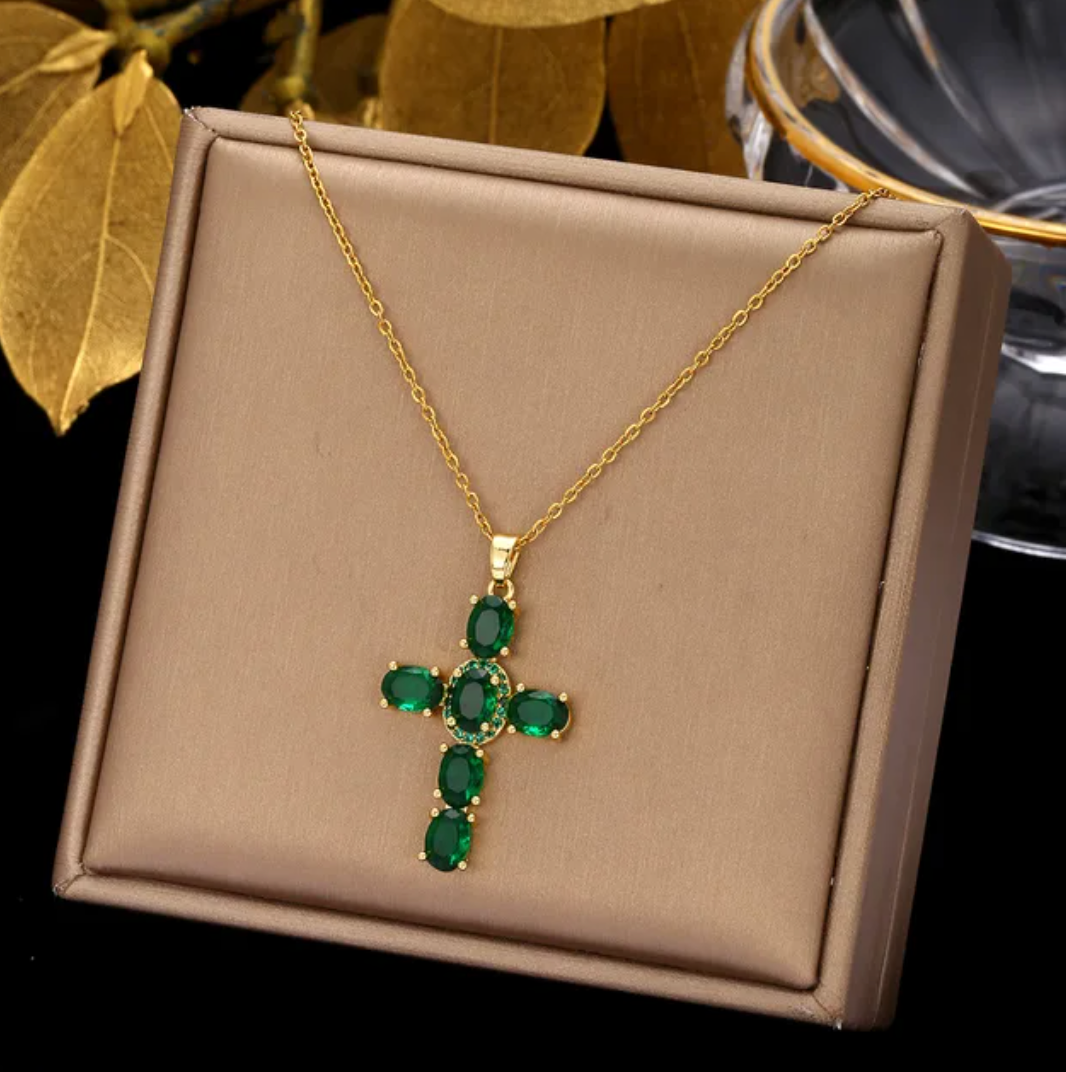 Gold-Plated Necklace with Green Crystal Cross