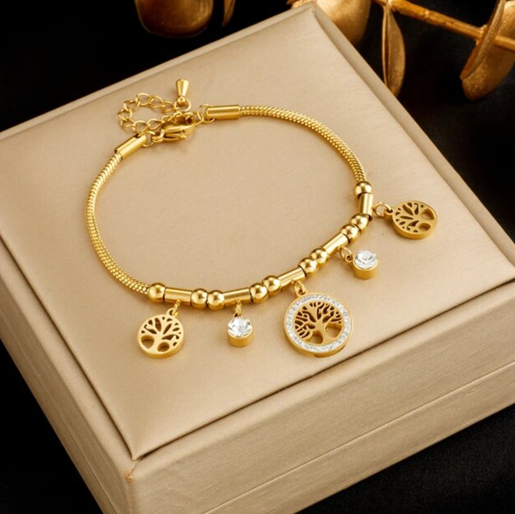 Gold-Tone Bracelet with 3 Trees of Life and Crystal Accents