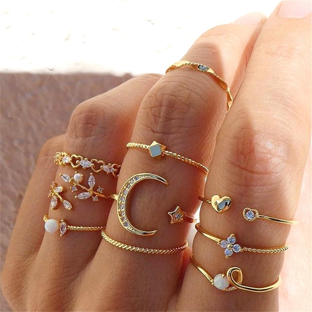 Set of 10 adjustable silver cosmic rings