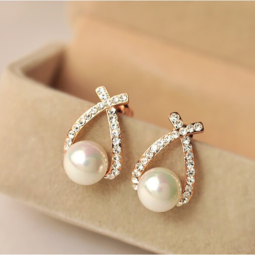 Pearl Earrings with Clear Crystal Accents