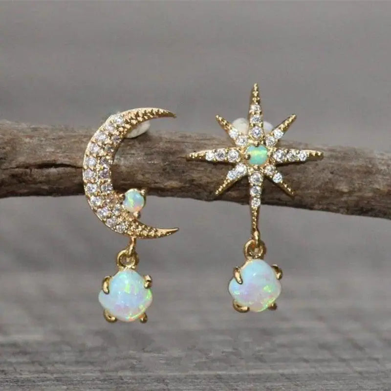 Gold-Tone and Opal Moon and Star Earrings