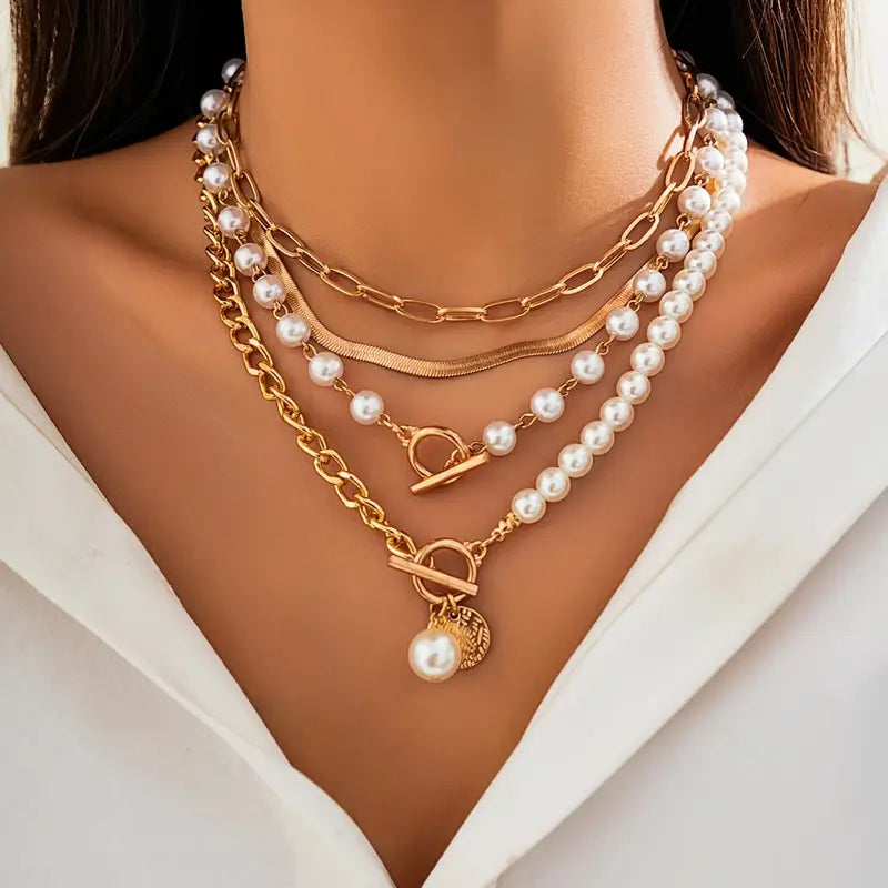 Vintage Pearl Serpent Chain Necklace Set | Gold-Tone