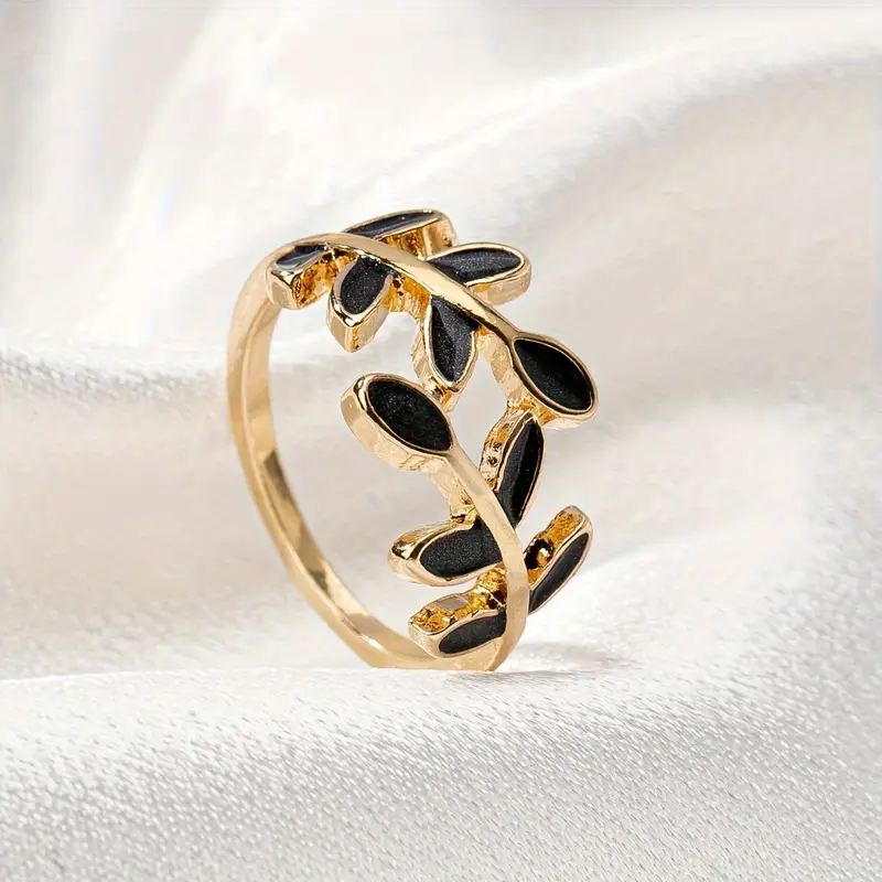 Black Leaf Ring in Gold-Tone