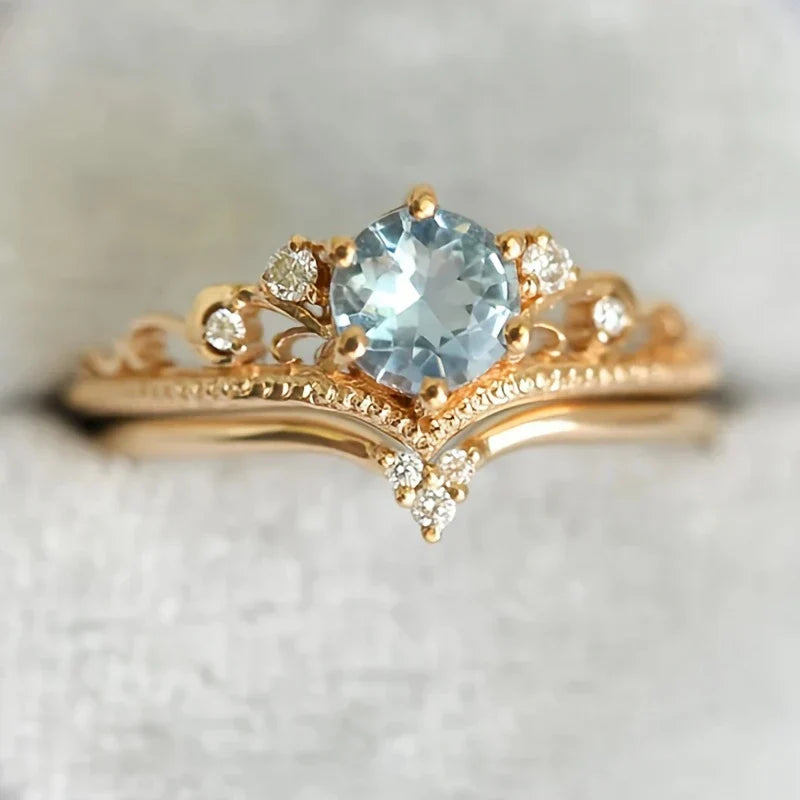 Gold-Tone Blue Princess Ring with Zirconia