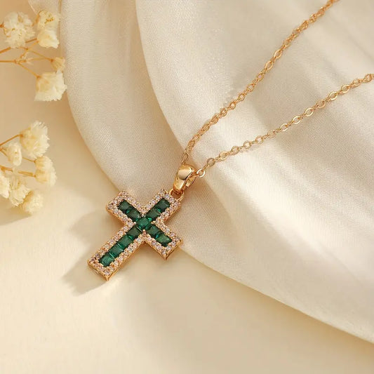Solene Emerald Cross Pendant Necklace | Gold-Tone