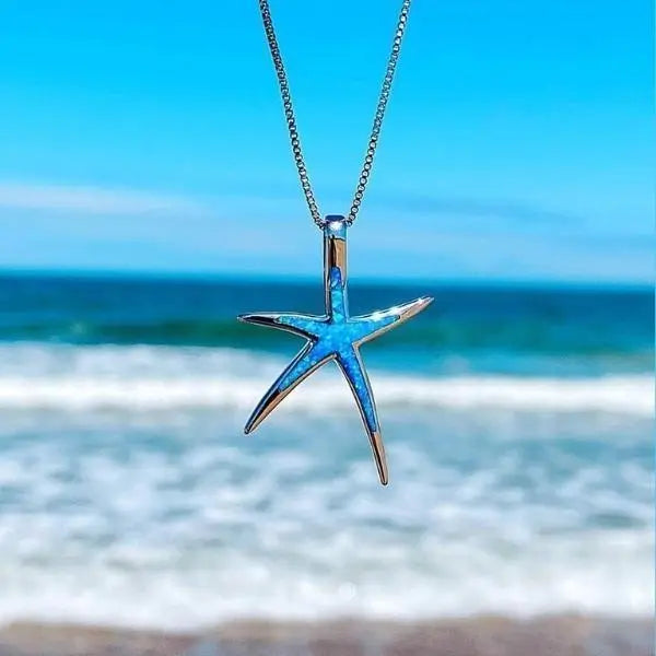 Silver blue opal and starfish necklace