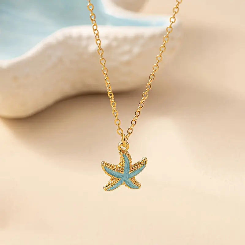Gold-Tone Blue Ocean Starfish Necklace