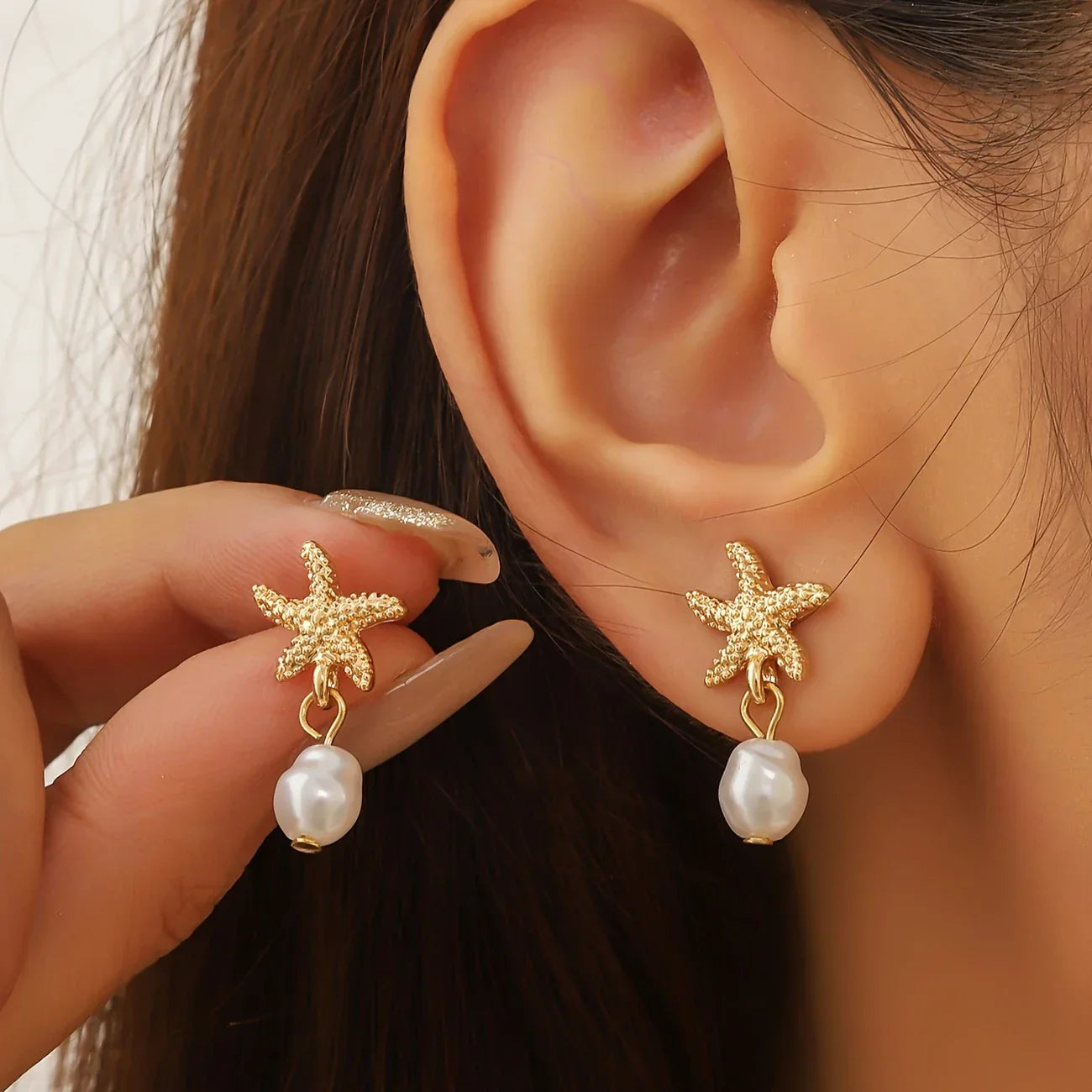 Elegant Pearl Tassel Starfish Earrings