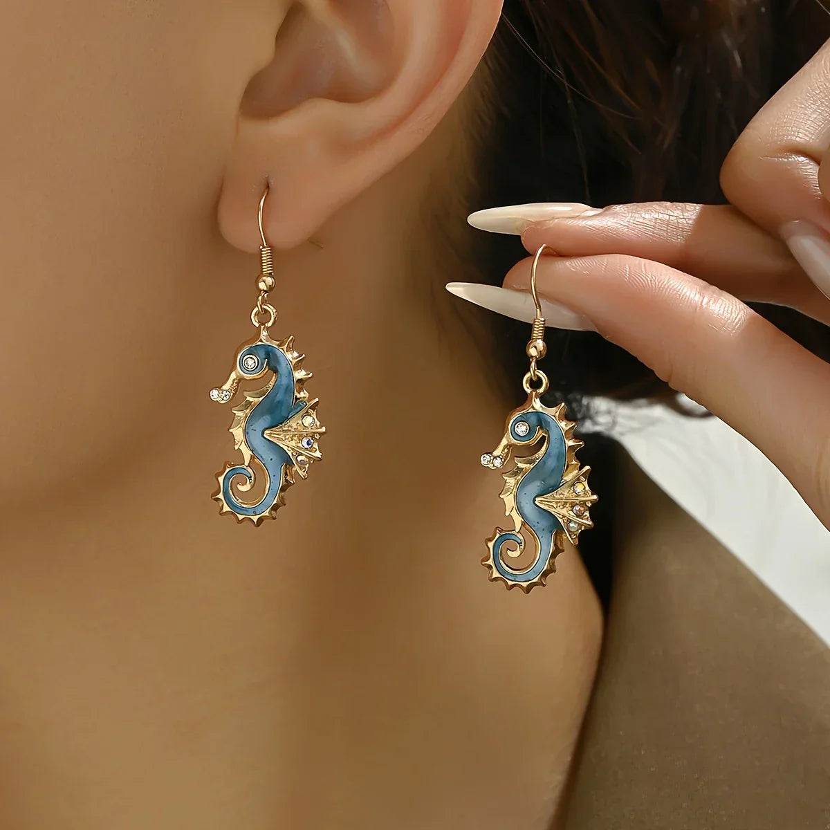 Gold-Tone Blue Seahorse Earrings