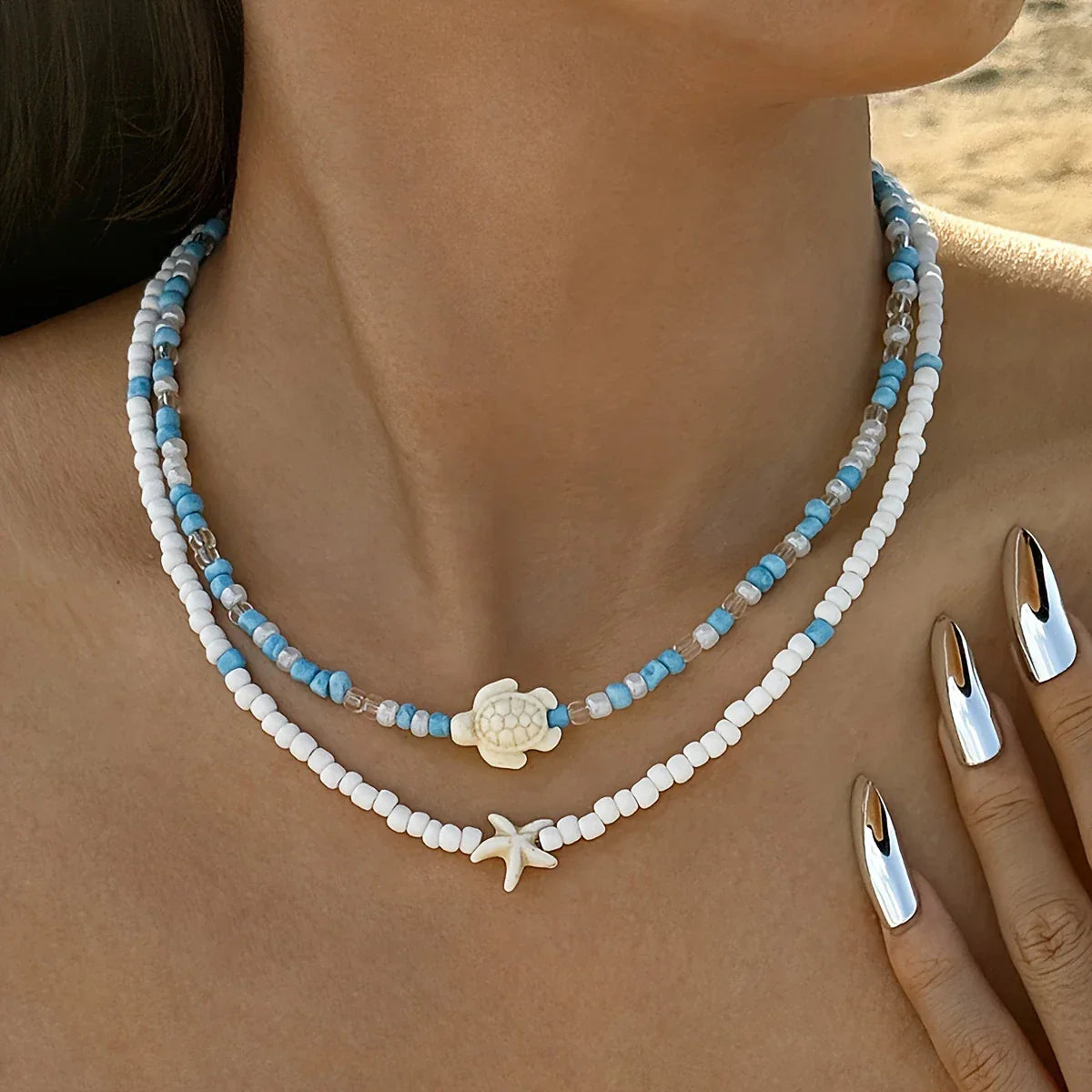 2-Piece Bohemian Necklace with Turtle and Starfish