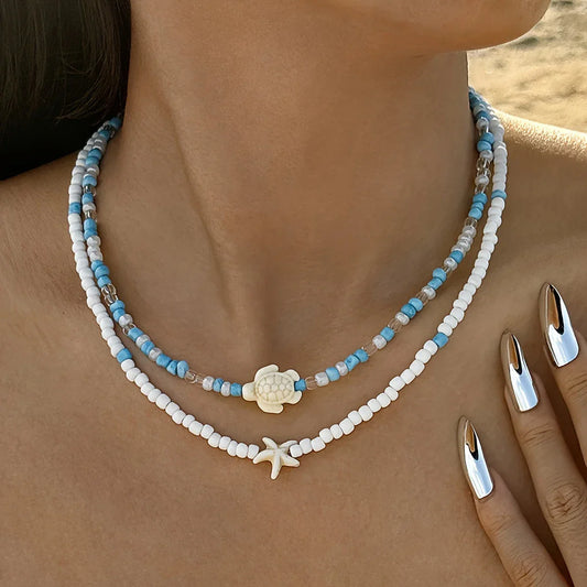 2-Piece Bohemian Necklace with Turtle and Starfish
