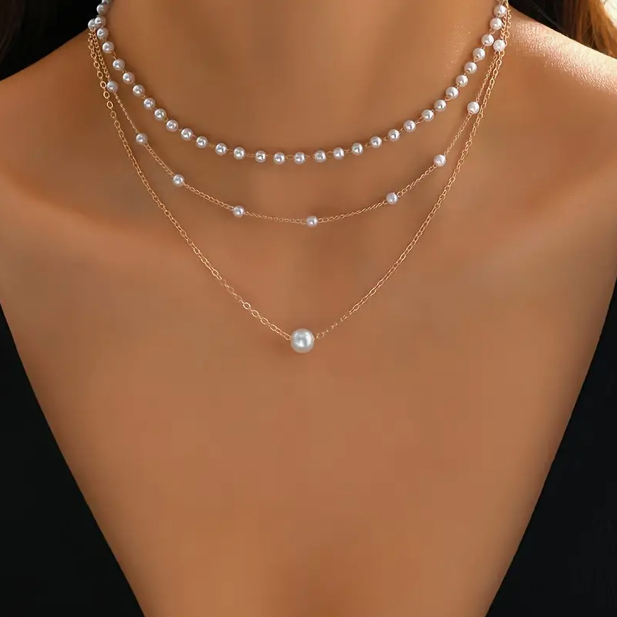 3-layer golden pearl necklace