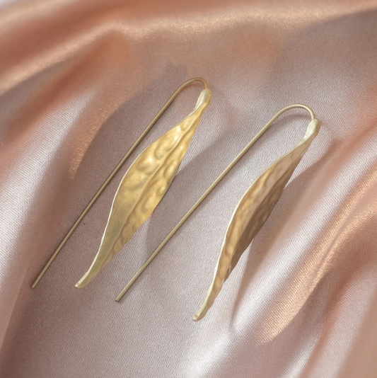 Gold-Plated Long Leaf-Shaped Earrings for Evening Dress
