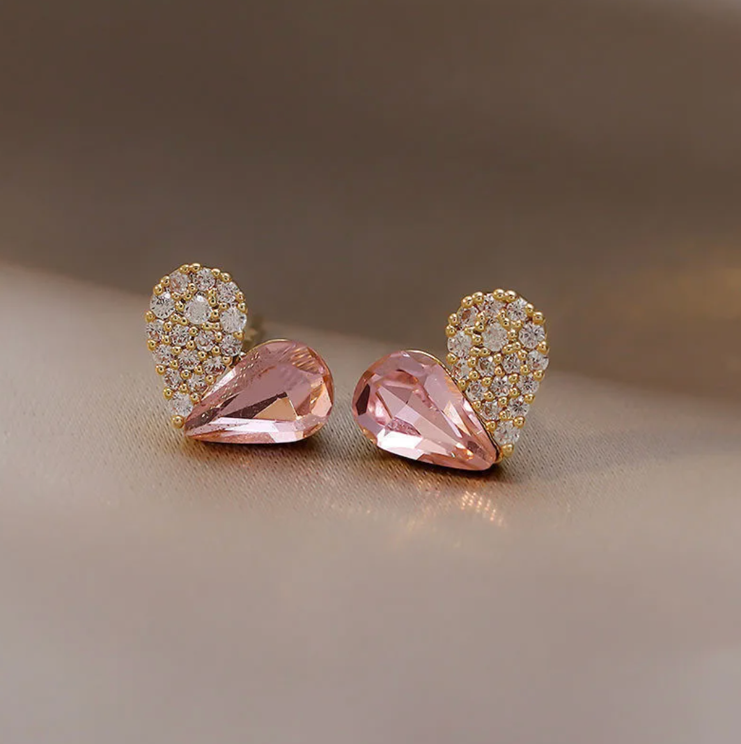Gold-Plated Heart-Shaped Stud Earrings - Half Pink Crystal and Half Zirconia