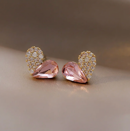 Gold-Plated Heart-Shaped Stud Earrings - Half Pink Crystal and Half Zirconia