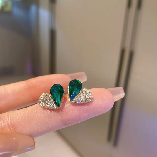 Gold-Plated Heart-Shaped Stud Earrings - Half Green Crystal and Half Zirconia