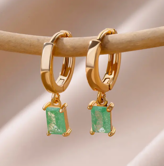 Small 18-karat golden-plated earrings with rectangular green quartz pendant