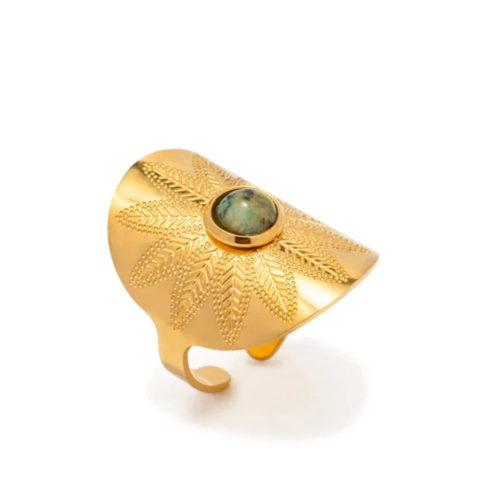 Gold-Plated Mayan Style Ring with Jade