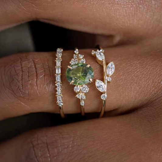 Triple Gold-Tone Ring with Leaves and Jade