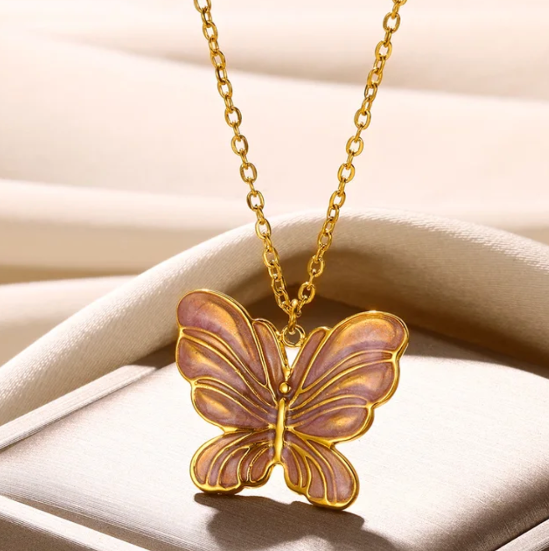Gold-Plated Pink Enamel Butterfly Necklace