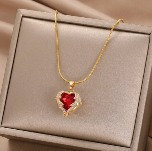 Gold-Plated Necklace with Red Heart and Crystal Accents