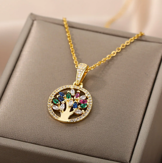 18-karat golden necklace with Tree of Life and colored zirconias