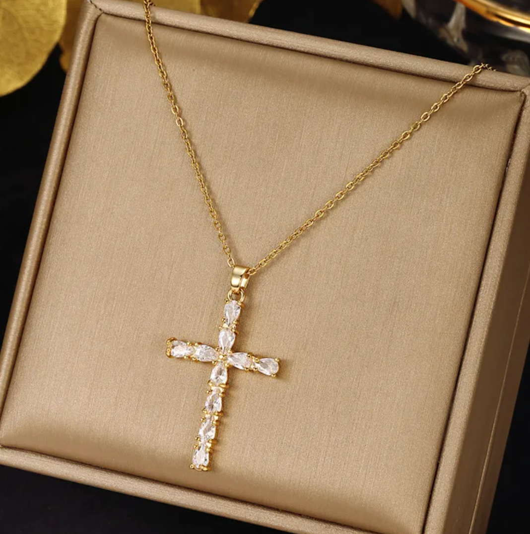 Gold-Tone-Colored White Cross Necklace with Fine Imitation Crystals