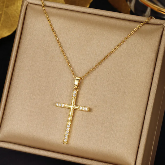 18-karat golden-plated necklace with a long cross with zirconia stones