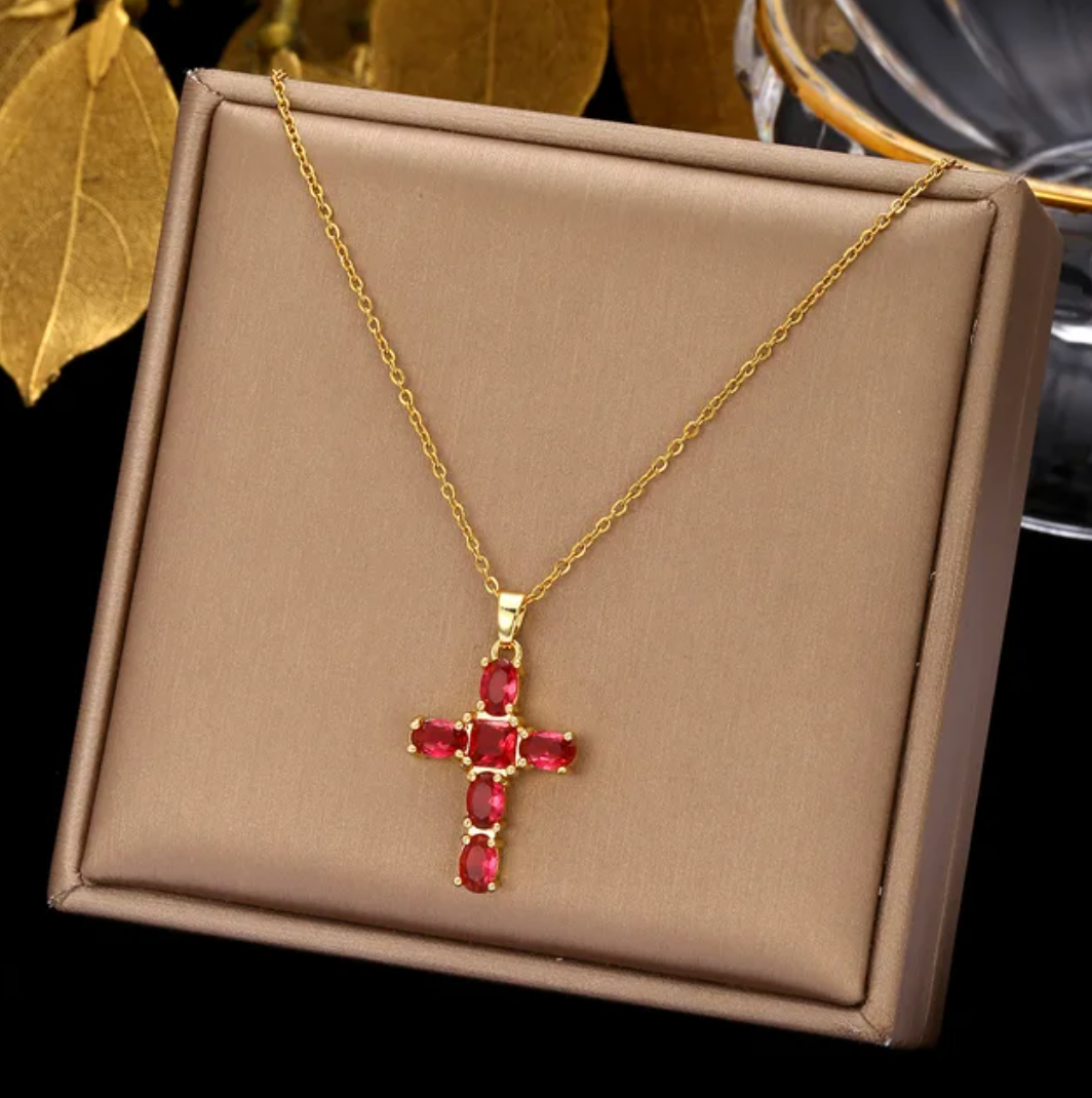Gold-Plated Necklace with Red Crystal Cross