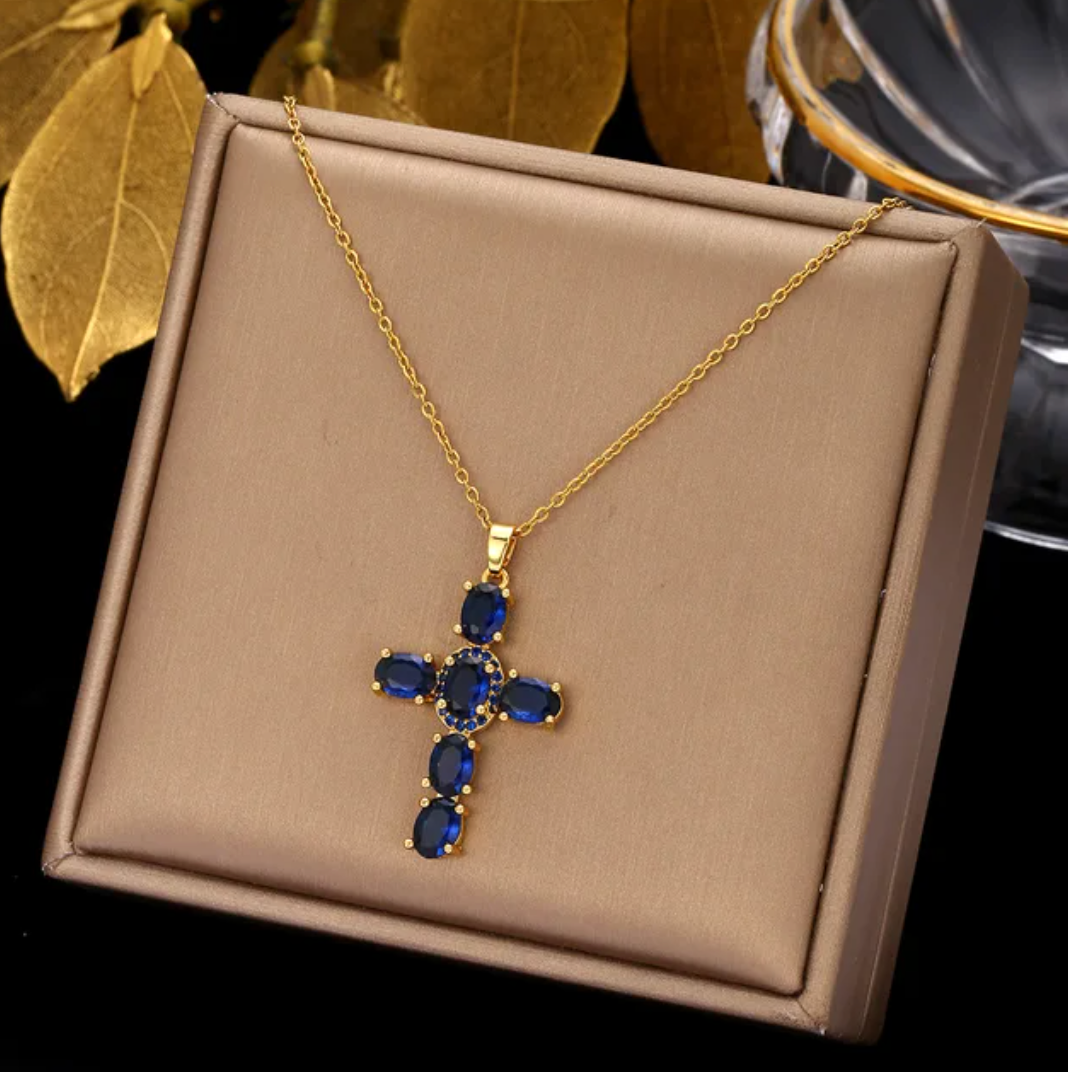 Gold-Plated Necklace with Blue Crystal Cross
