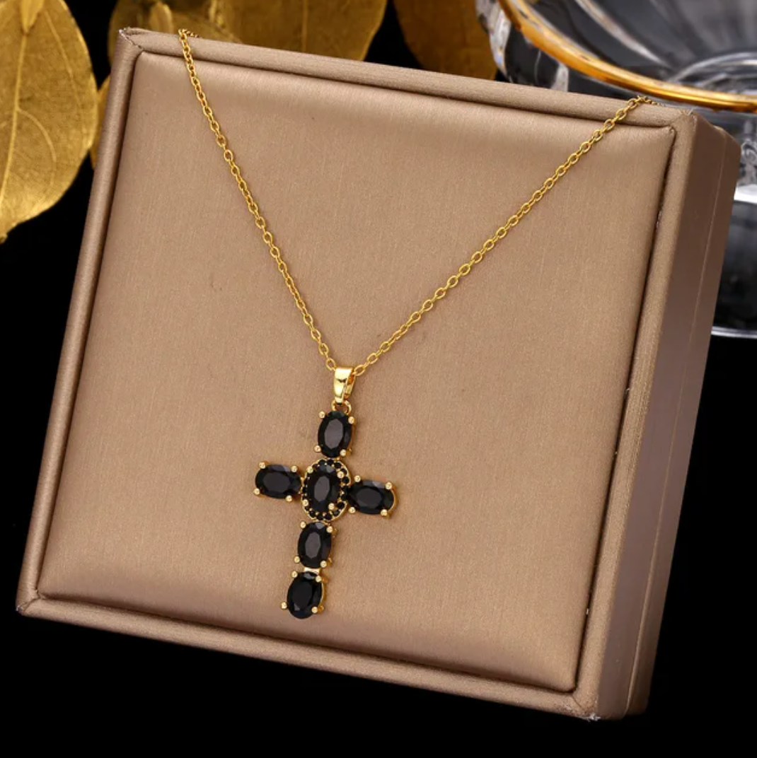 Gold-Plated Necklace with Black Crystal Cross