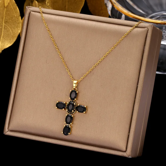 Gold-Plated Necklace with Black Crystal Cross