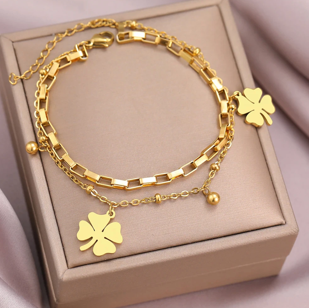 Gold-Plated Double Bracelet with Lucky Clovers