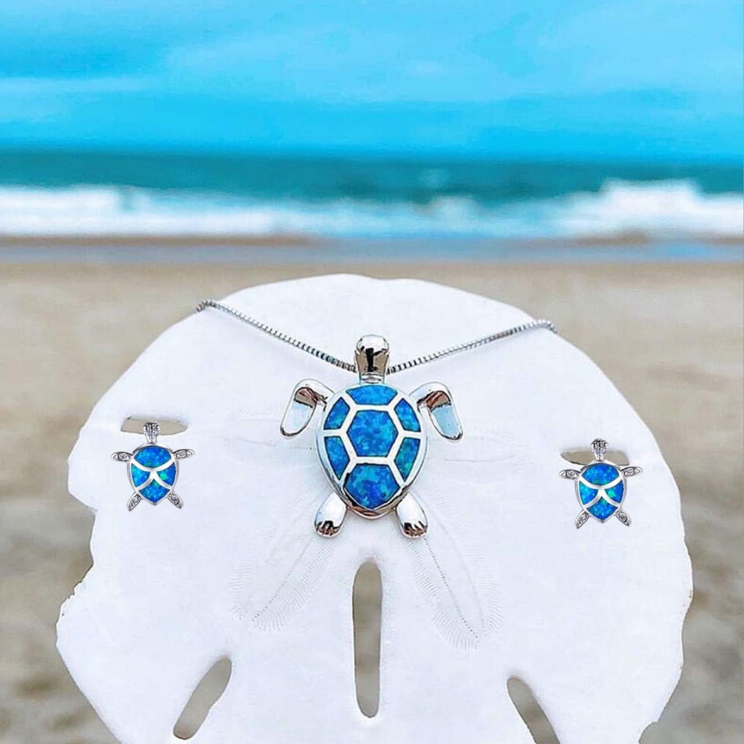 Set Necklace + Earrings Sea Turtle in Opal and Silver