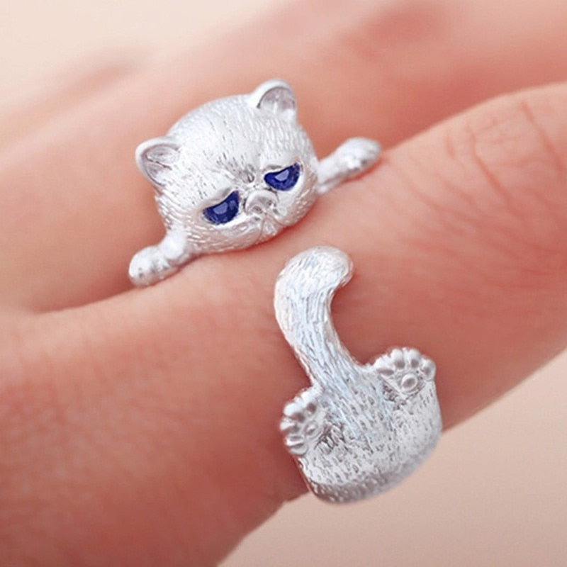 925 silver cat-shaped ring with blue zirconium oxide