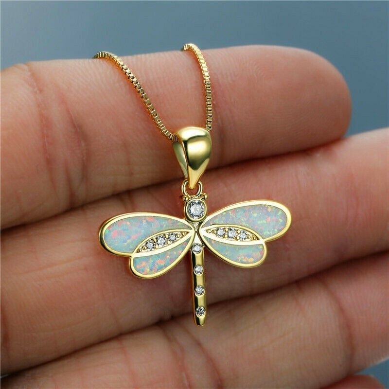 Gold-Tone Dragonfly Necklace with Opal