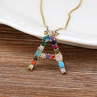 Necklace with Gold-Tone Initials and Gemstones