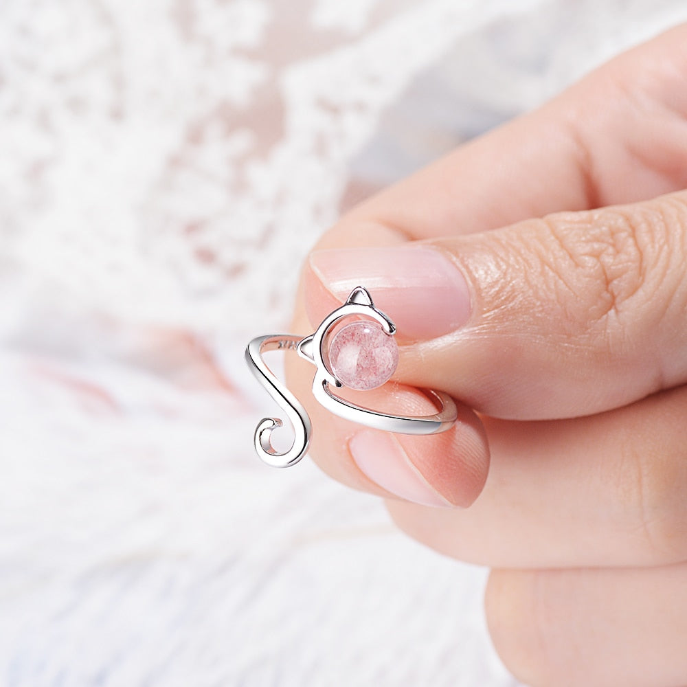 925 silver and agate pink kitten ring