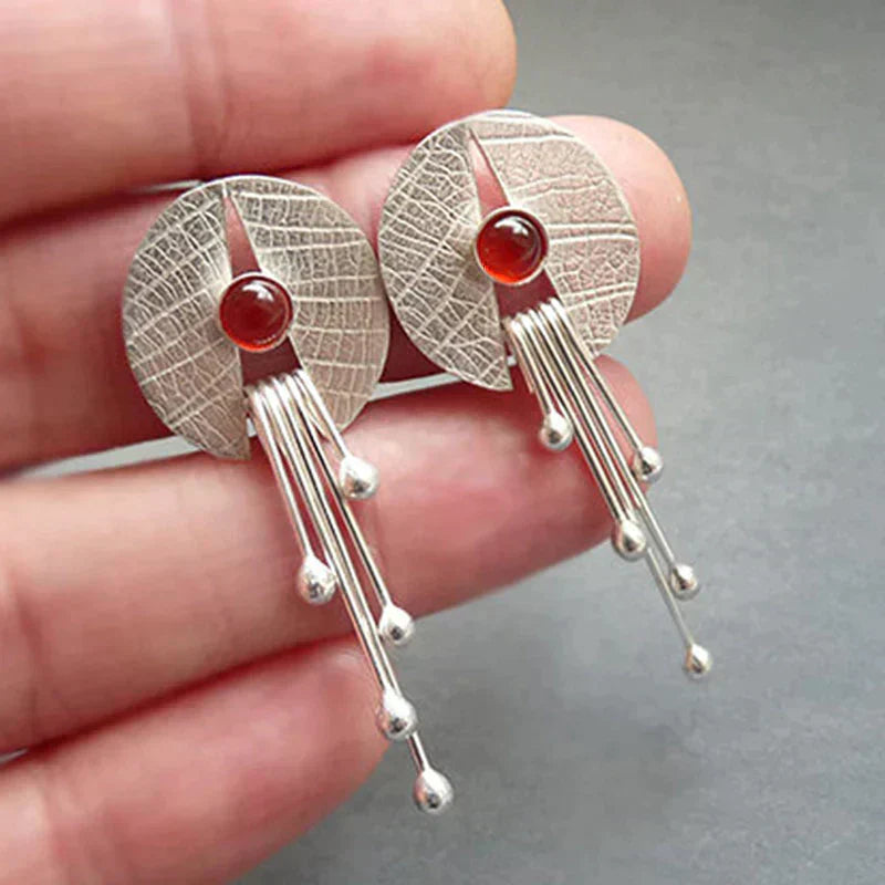 Hollow Red Stone Pendant Earrings