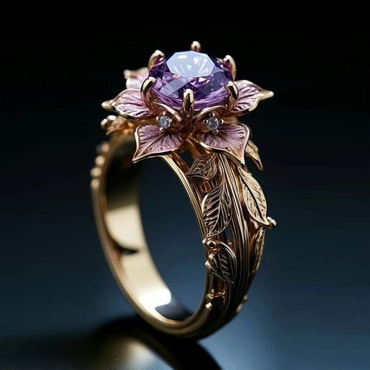 Exotic lilac flower ring with crystal